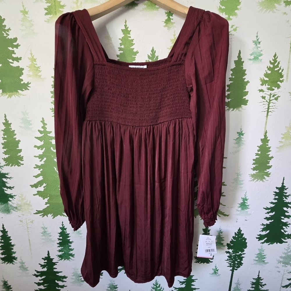 Motherhood Burgundy Long Sleeve Smocked Babydoll Maternity Dress